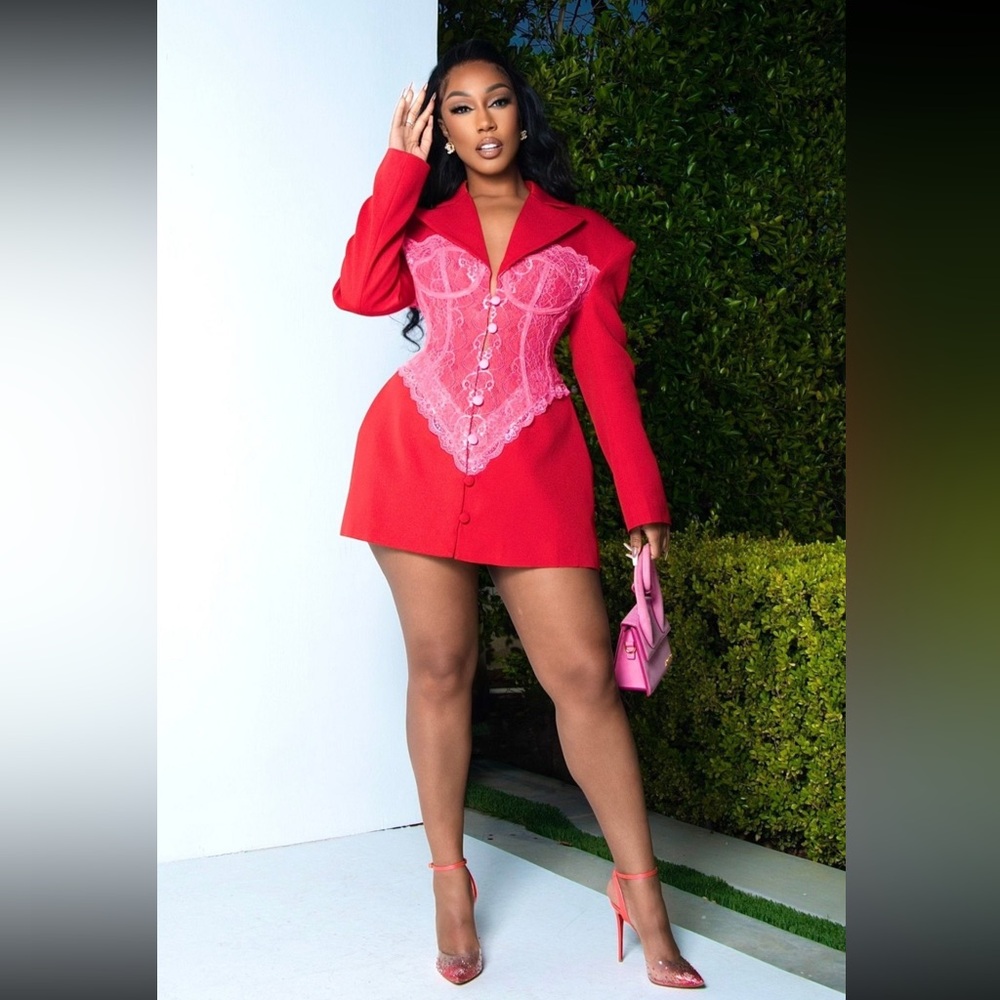 Red Long Sleeve Blazer Dress with Pink Lace Corset Detail